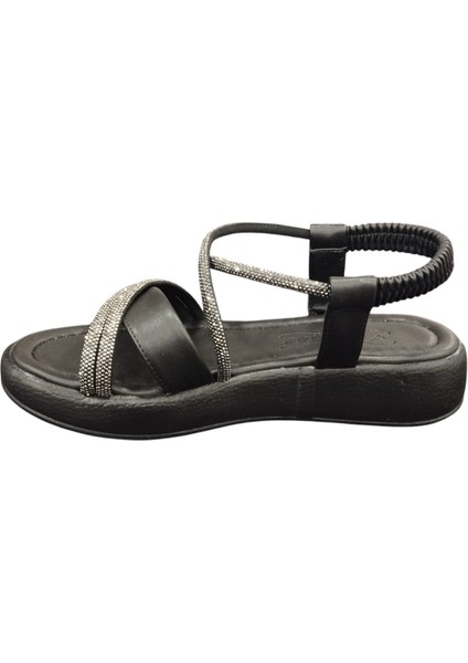 58157Z Taş Şeritli Bilekten Lastikli 3cm Topuk Boyu Günlük Kadın Şık Sandalet