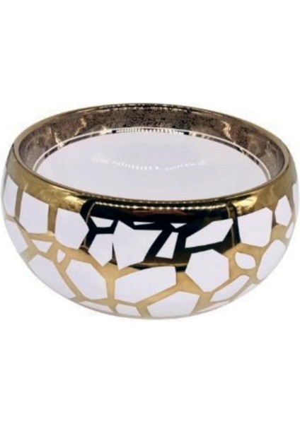 Yuvarlak Gold Geometrik Desenli Tezgah Üstü Seramik Çanak Lavabo