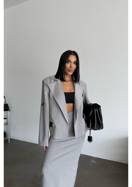 Crop Ceket - Etek Takım - Gri