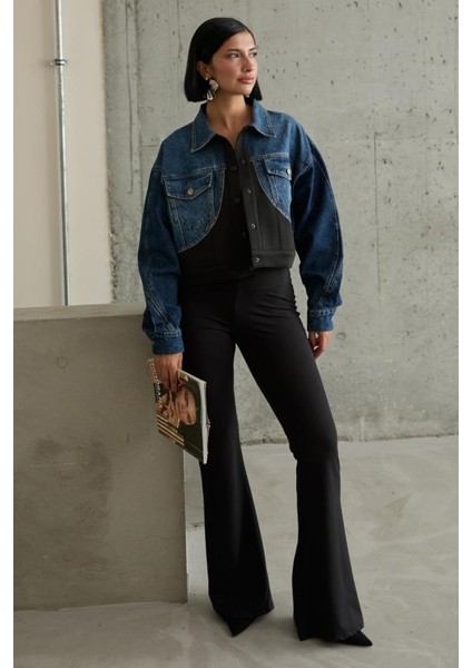 Siyah Denim Scuba Garnili Ceket