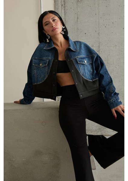 Siyah Denim Scuba Garnili Ceket