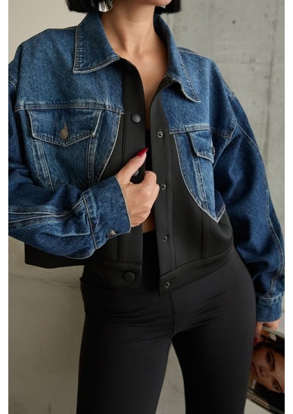 Siyah Denim Scuba Garnili Ceket