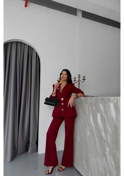 Tasarım Ceket-Pantolon Takım Metal Düğme Detaylı - Bordo
