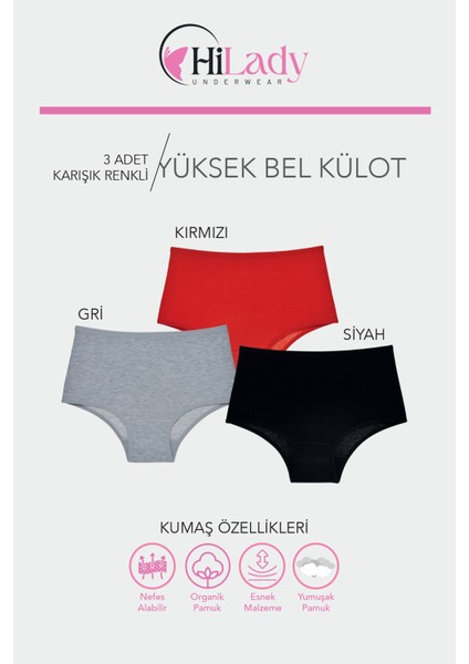Kadın Külot, 3'lü Paket Yüksek Bel Külot, Kırmızı - Siyah - Gri fiyatları