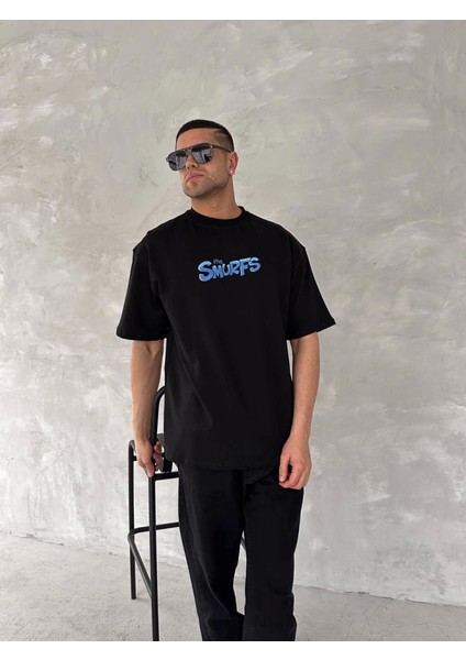 Ön ve Arka Baskılı Oversize Bisiklet Yaka T-Shirt- Siyah