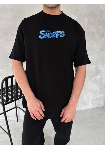 Ön ve Arka Baskılı Oversize Bisiklet Yaka T-Shirt- Siyah