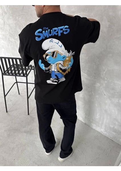 Ön ve Arka Baskılı Oversize Bisiklet Yaka T-Shirt- Siyah