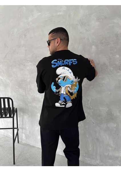 Ön ve Arka Baskılı Oversize Bisiklet Yaka T-Shirt- Siyah