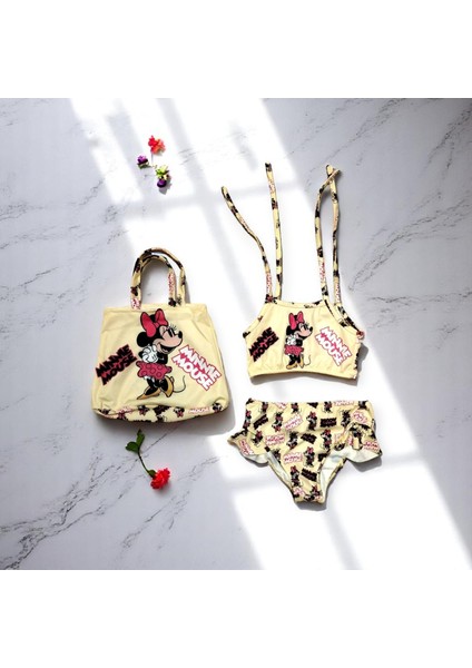 Kız Çocuk Karakter Baskılı Eteği Fırfırlı- Ip Bağlamalı Çanta Mayo Bikini 3 Lü Takım