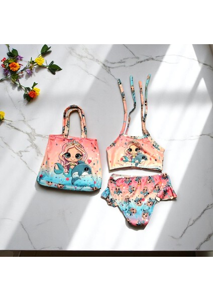 Kız Çocuk Karakter Baskılı Eteği Fırfırlı- Ip Bağlamalı Çanta Mayo Bikini 3 Lü Takım