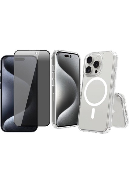 iPhone 16 Pro Max Kılıf M-safe Şarj Özellikli Şeffaf Sert PC Zore Embos Kapak + Hayalet Ekran Koruyucu