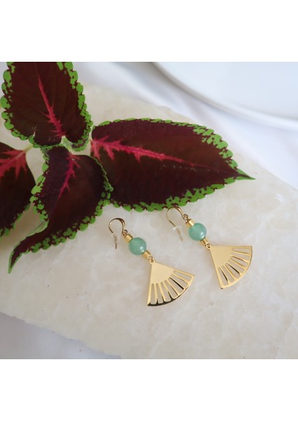 Doğal Taşlı Yelpaze Küpe – Aventurin & Altın Kaplama fiyatları