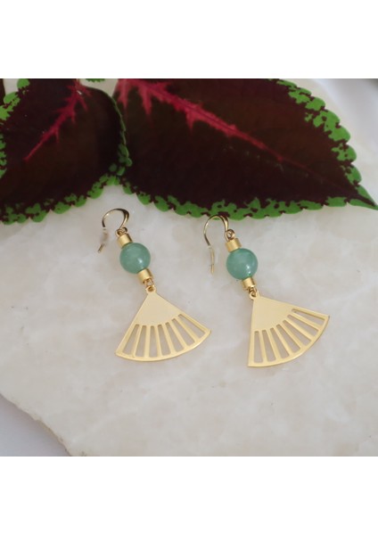 Doğal Taşlı Yelpaze Küpe – Aventurin & Altın Kaplama modelleri