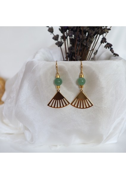 Doğal Taşlı Yelpaze Küpe – Aventurin & Altın Kaplama fırsatları