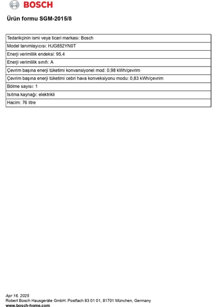 HJG852YN0T 76 Lt 8 Programlı Ankastre Fırın