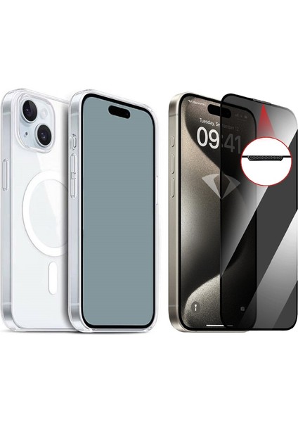 iPhone 15 Kılıf M-safe Şarj Özellikli Şeffaf Sert PC Zore Embos Kapak + Hayalet Ekran Koruyucu