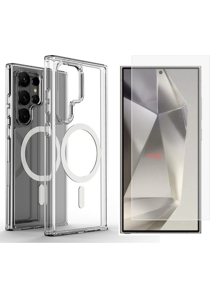 Samsung Galaxy S24 Ultra Kılıf M-safe Şarj Özellikli Şeffaf Sert PC Zore Embos Kapak + Nano Ekran Koruyucu