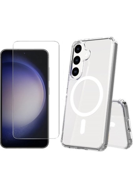 Samsung Galaxy S24 Kılıf M-safe Şarj Özellikli Şeffaf Sert PC Zore Embos Kapak + Nano Ekran Koruyucu