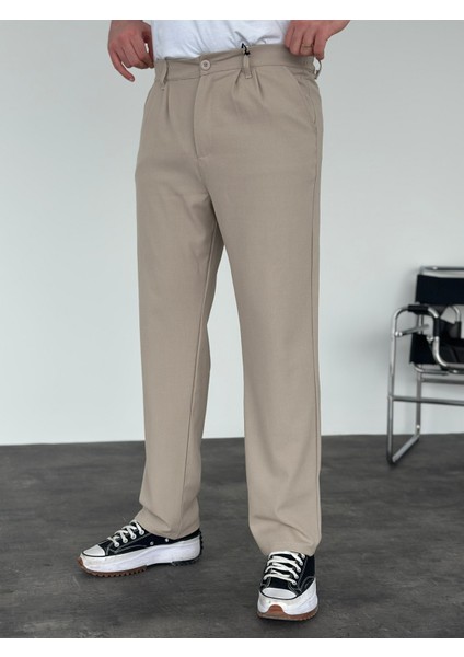 Erkek Baggy Fit Pileli Kumaş Pantolon Bej