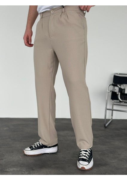 Erkek Baggy Fit Pileli Kumaş Pantolon Bej fiyatları