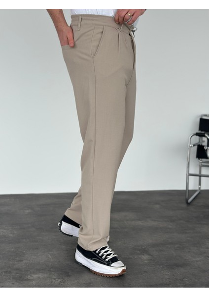 Erkek Baggy Fit Pileli Kumaş Pantolon Bej modelleri