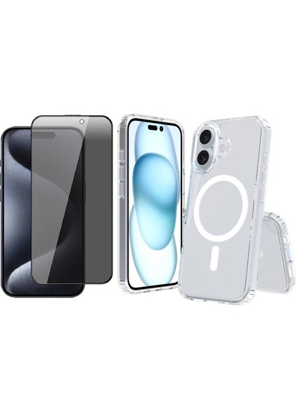 iPhone 16 Kılıf M-safe Şarj Özellikli Şeffaf Sert PC Zore Embos Kapak + Hayalet Ekran Koruyucu