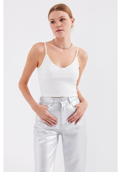 918 Ip Askılı Crop Top - Beyaz