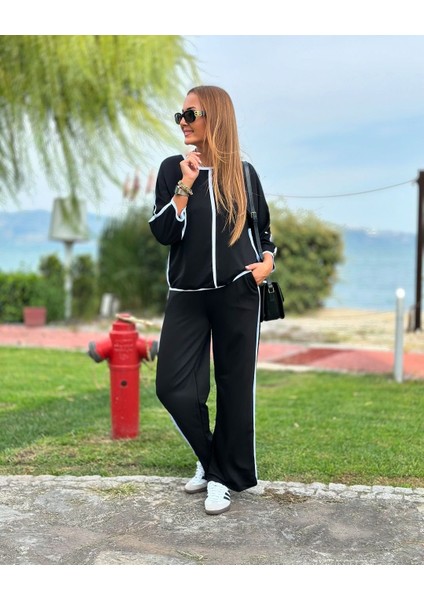 Kadın Bisiklet Yaka Fakir Kol Biye Detay Bluz ve Yüksek Bel Lastikli Pantolon Ikili Takım
