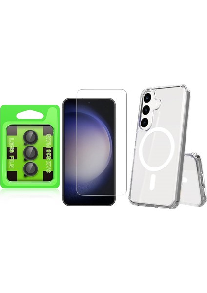 Galaxy S25 Plus Kılıf M-safe Şarj Özellikli Şeffaf Sert PC Vendas Embos Kapak + Kamera Lens + Nano Ekran Koruyucu