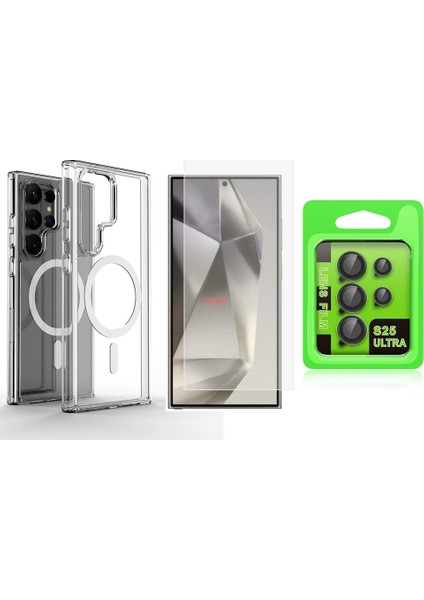 Galaxy S25 Ultra Kılıf M-safe Şarj Özellikli Şeffaf Sert PC Vendas Embos Kapak + Kamera Lens + Nano Ekran Koruyucu