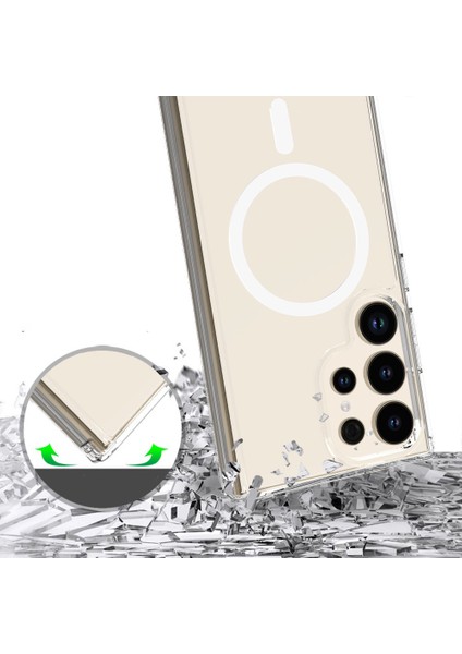 Galaxy S25 Ultra Kılıf M-safe Şarj Özellikli Şeffaf Sert PC Vendas Embos Kapak + Kamera Lens + Nano Ekran Koruyucu