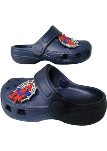 Bebek Çocuk Lacivert Renkli Örümcek Adam -Ağı Figürlü Kaydırmaz Ortopedik Sandalet Terlik