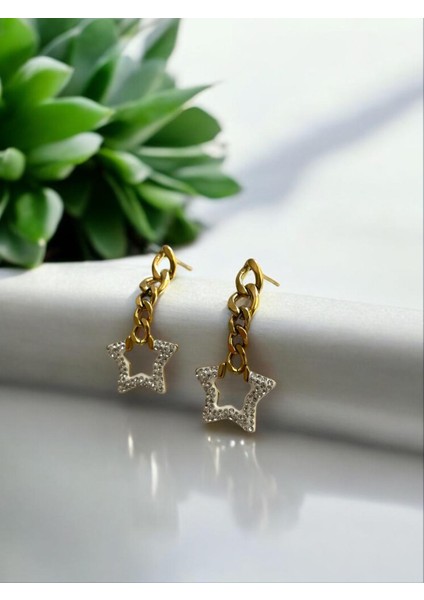 Taşlı Yıldız Sallantılı Altın Kaplama Küpe