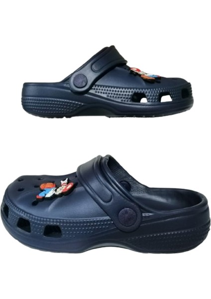 Bebek Çocuk Lacivert Renkli Mario Figürlü Kaydırmaz Ortopedik Sandalet Terlik