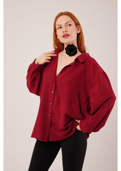 Basic Oversize Bordo Gömlek