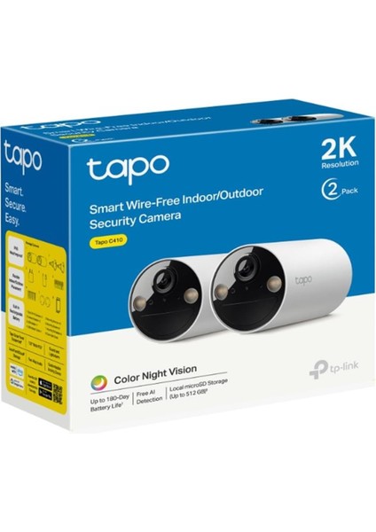C410(2- PACK), 2k 3mp, Renkli Gece Görüşü, Şarj Edilebilir, Solar Panel Destekli, IP65, Yerel/ bulut Depolama, 110° Açılı, Işıklı ve Sesli Alarm, Kablosuz Bataryalı Güvenlik Kamerası
