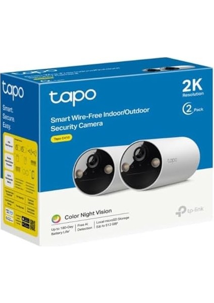 C410(2- PACK), 2k 3mp, Renkli Gece Görüşü, Şarj Edilebilir, Solar Panel Destekli, IP65, Yerel/ bulut Depolama, 110° Açılı, Işıklı ve Sesli Alarm, Kablosuz Bataryalı Güvenlik Kamerası
