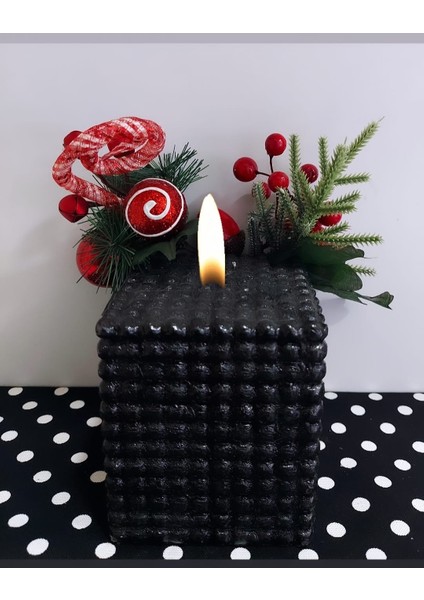 Siyah Kendinden Desenli Kare Gerçek Mum 11X10CM Dekoratif Hediyelik Fitilli Dekoratif 1 Adet