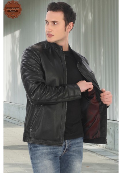 Hakiki Kuzu Derisi Ceket Siyah Biker Mont Kapitone Kollu Slim Fit El Yapımı Derimont