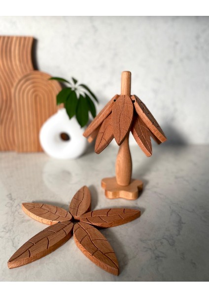 3' Lü Standlı Ahşap Nihale - Bambu Nihale - Yaprak Desenli Pratik Katlanır Nihale