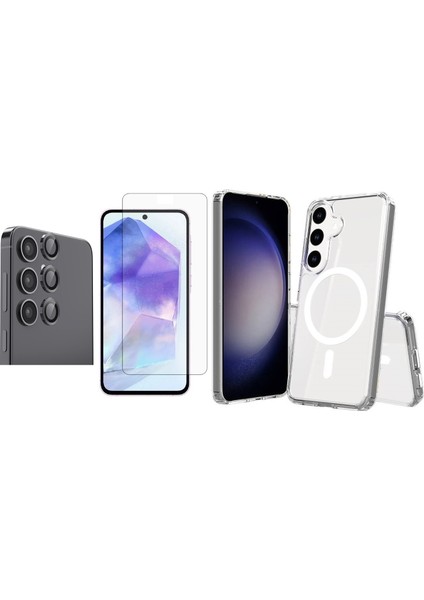 Galaxy S23 FE Kılıf M-safe Şarj Özellikli Şeffaf Sert PC Vendas Embos Kapak + Kamera Lens + Nano Ekran Koruyucu
