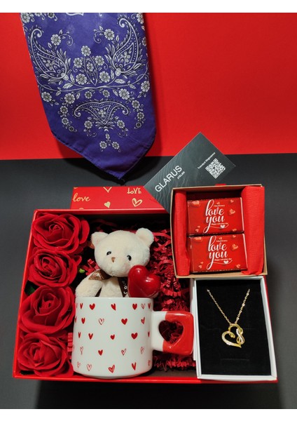 Glarus Sevgiliye Hediye: Peluş Ayı Anahtarlık, 316L Çelik Kolye, Mug Bardak, Bandana Crush Dubai Çikolata.