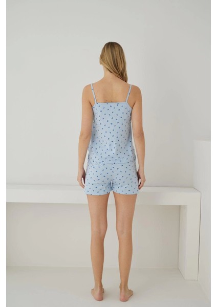 Süprem Kumaş Ip Askılı Şortlu Mavi Pijama Takımı - 2557