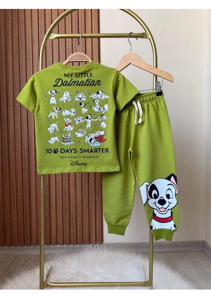 Erkek Çocuk Pamuklu Yeşil Sevimli Köpek Desenli Eşofman Takımı – T-Shirt ve Jogger Alt