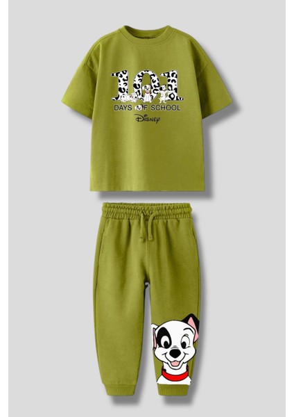 Erkek Çocuk Pamuklu Yeşil Sevimli Köpek Desenli Eşofman Takımı – T-Shirt ve Jogger Alt