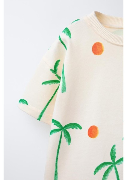 Unisex Çocuk Pamuklu Ekru Palmiye Desenli T-Shirt ve Şort Takım