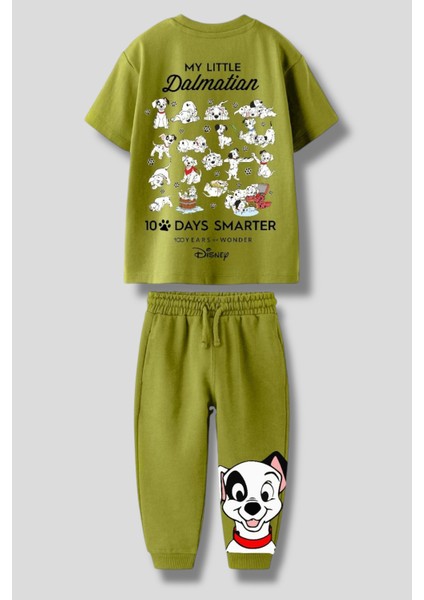 Erkek Çocuk Pamuklu Yeşil Sevimli Köpek Desenli Eşofman Takımı – T-Shirt ve Jogger Alt