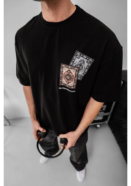Erkek Baskılı Oversize T-Shirt - Siyah