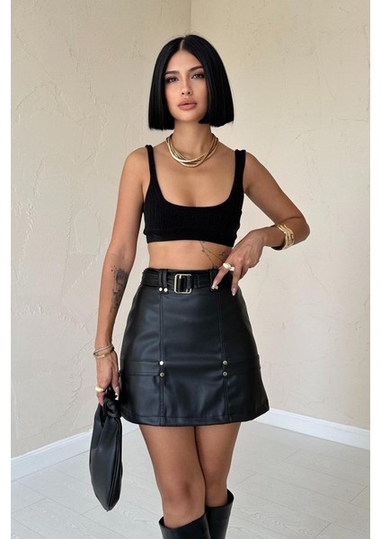 Siyah Kemerli Mini Deri Etek fiyatları