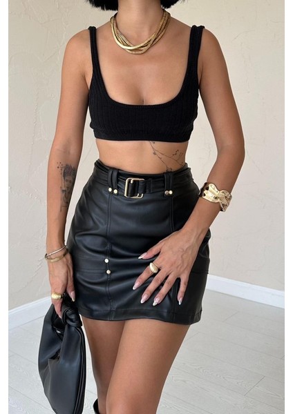 Siyah Kemerli Mini Deri Etek modelleri